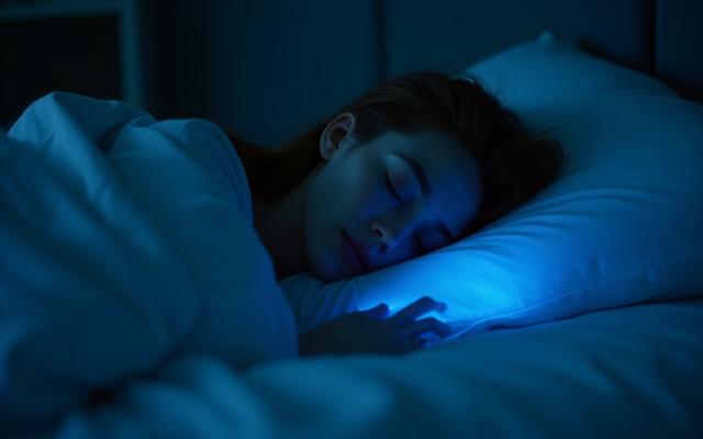 Person sleeping peacefully, surrounded by subtle digital overlay representing data analysis